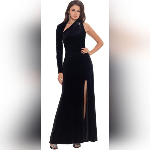 Betsy & Adam Velvet Asymmetrical-Neck One-Sleeve Gown NWT sz 2 Black - Picture 1 of 5
